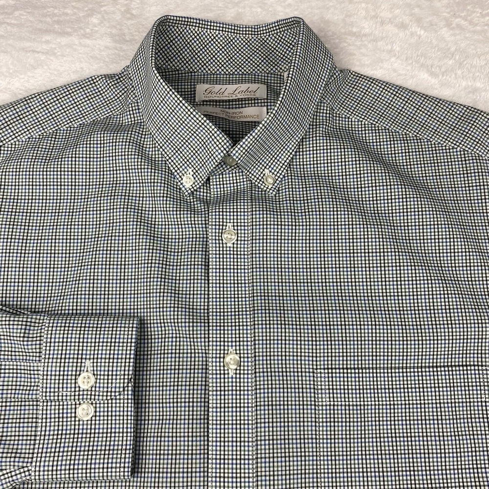 Roundtree & Yorke Gold Label Dress Shirt Mens Large Tall Blue/Green Checks